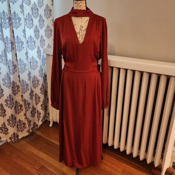 Intermix Victoria Deep Red 95% Silk Midi Dress, High Collar, Keyhole Neck, Sz 10 - Picture 2 of 11